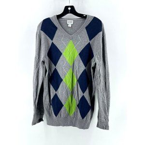 Old Navy Men's 100% Cotton Gray Argyle Long Sleeve Knit Sweater Size Medium